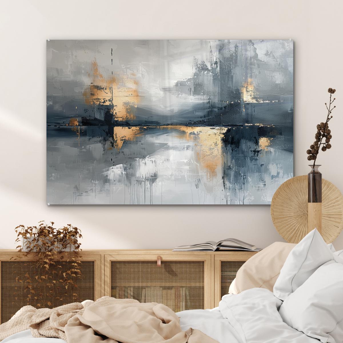 ACRYLGLASBILD Kunst - Grau - Gold - Abstrakt Wandbild Schlafzimmer 120x80 cm - Dunkelgrau, Glas (120/80cm) - MuchoWow