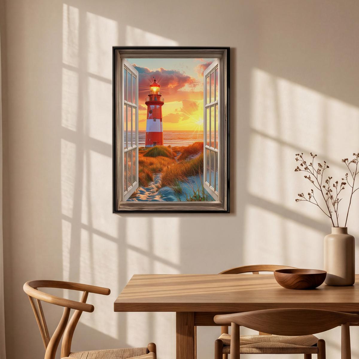 LEINWAND Bilder mit Rahmen - Aussicht - Fenster - Leuchtturm - Sonnenuntergang - Strand - 60x90 - Dunkelorange, Textil (60/90cm) - MuchoWow