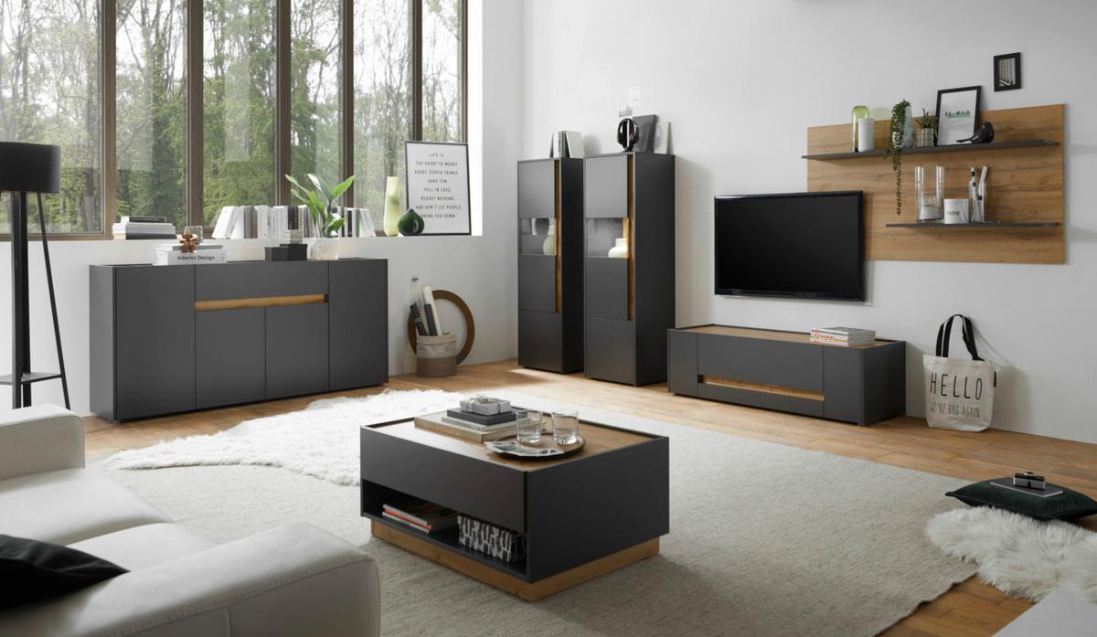 SIDEBOARD grau matt, Eiche Wotan 170 x 87 cm, Kommode 4-türig - Eiche Wotan/Schwarz, Holzwerkstoff/Kunststoff (170/87/40cm) - Furn.Design