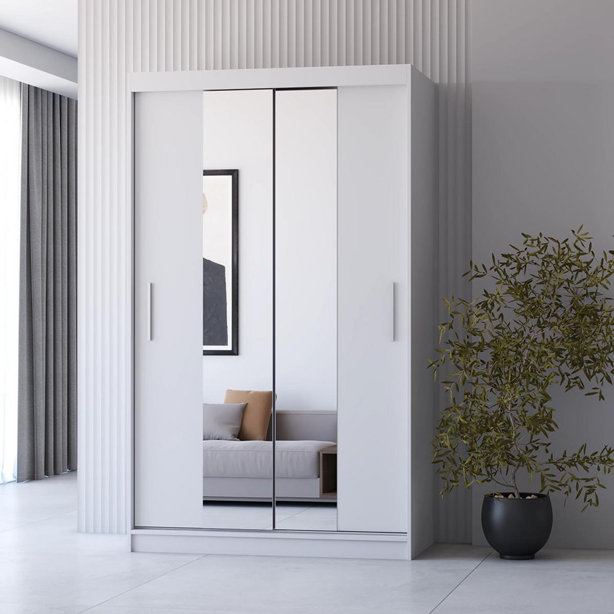 SCHWEBETÜRENSCHRANK Neomi 01 Weiß/Weiß mit Spiegel 120 cm - Alufarben/Weiß, Glas/Holzwerkstoff (120/200/61cm) - imoebel24