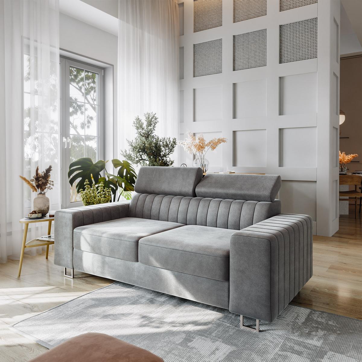 BETTSOFA SOLAN Hellgrau Velours-Stoff mit Schlaffunktion - Hellgrau, Holz/Textil (194/88/90cm) - MASSENO