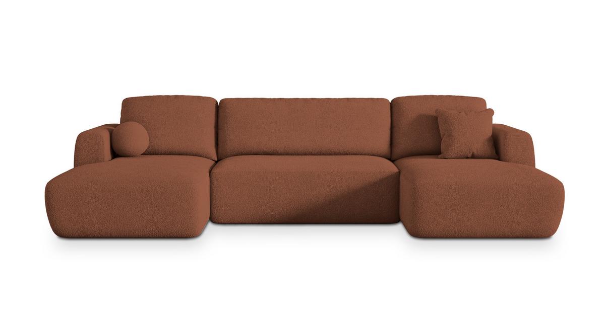 WOHNLANDSCHAFT SENTUM N Orange Boucle-Stoff mit Schlaffunktion - Schwarz/Orange, Holz/Kunststoff (330/90/148cm) - MASSENO