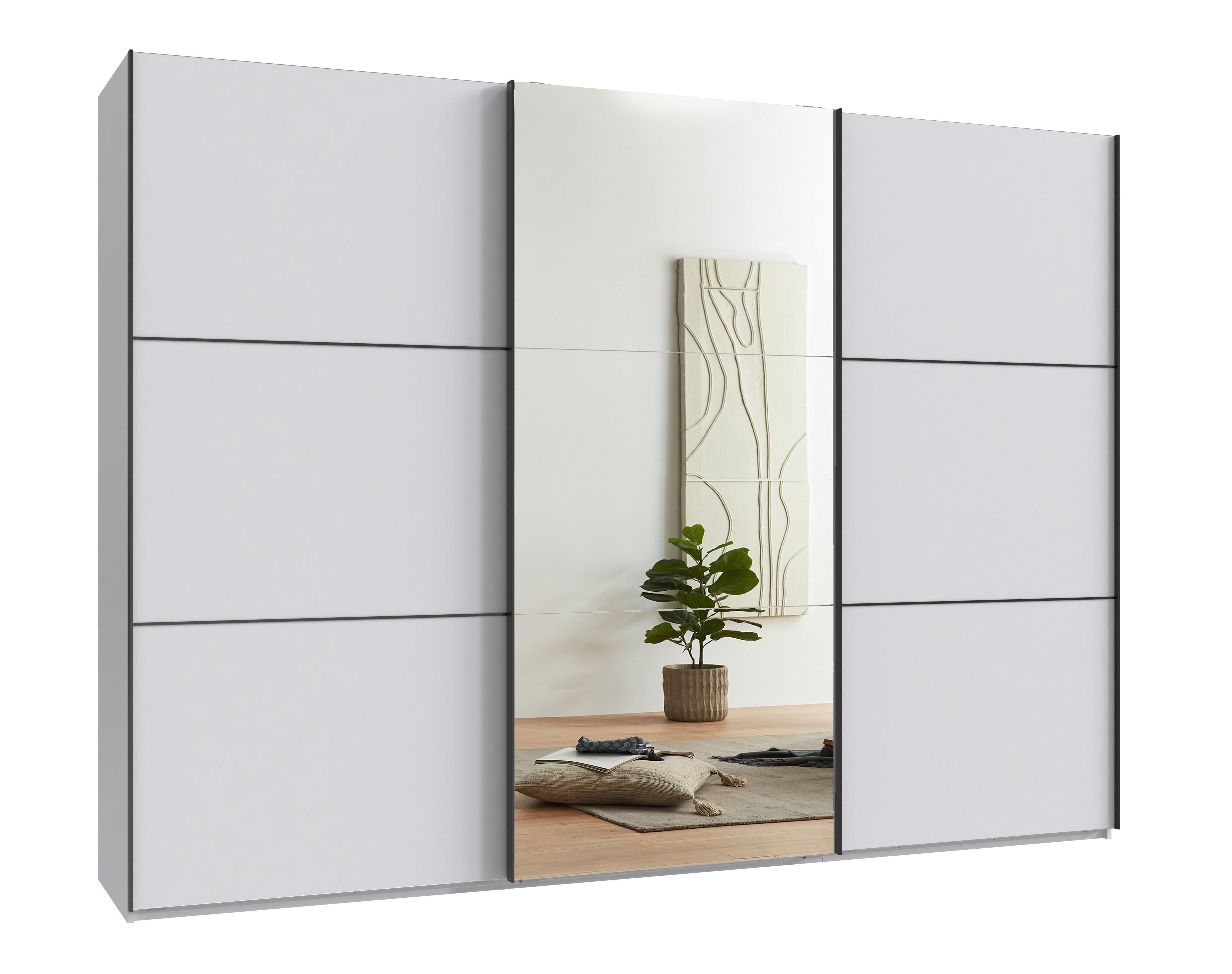 SCHWEBETÜRENSCHRANK 3-türig B300/H216/T65 cm in Weiß, eine Spiegeltür, Kleiderschrank inkl. Vollausstattung / 22019 - Rot/Weiß, Holzwerkstoff/Metall (300/216/65cm) - luma-home