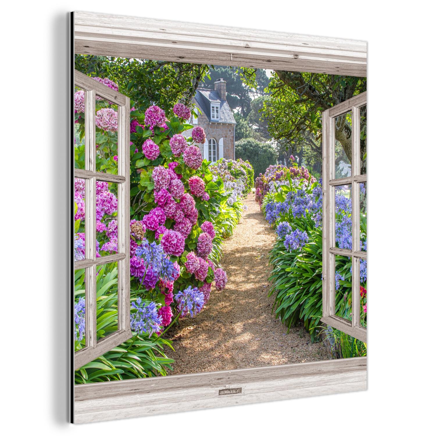 METALLBILD Hortensie - Durchsichtig - Blumen - Sommer - Lila - Weg 90x90 cm - Lila, Metall (90/90cm) - MuchoWow