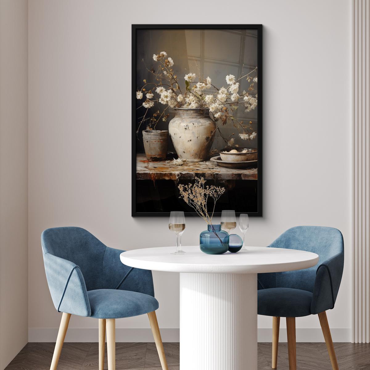 POSTER MIT RAHMENGERAHMTES BILD Stilleben - Blumen - Blumenstrauß - Vase - Wein 60x90 cm - Schwarz, Papier (60/90cm) - MuchoWow