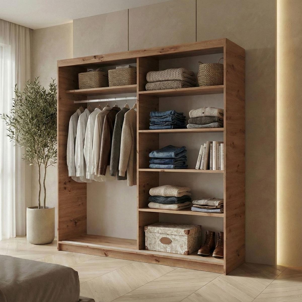 SCHWEBETÜRENSCHRANK Hela mit 2 Türen. 180 cm, eiche Artisan+Schwarz - Schwarz/Eiche Artisan, Holzwerkstoff (180/205/60cm) - Beautysofa