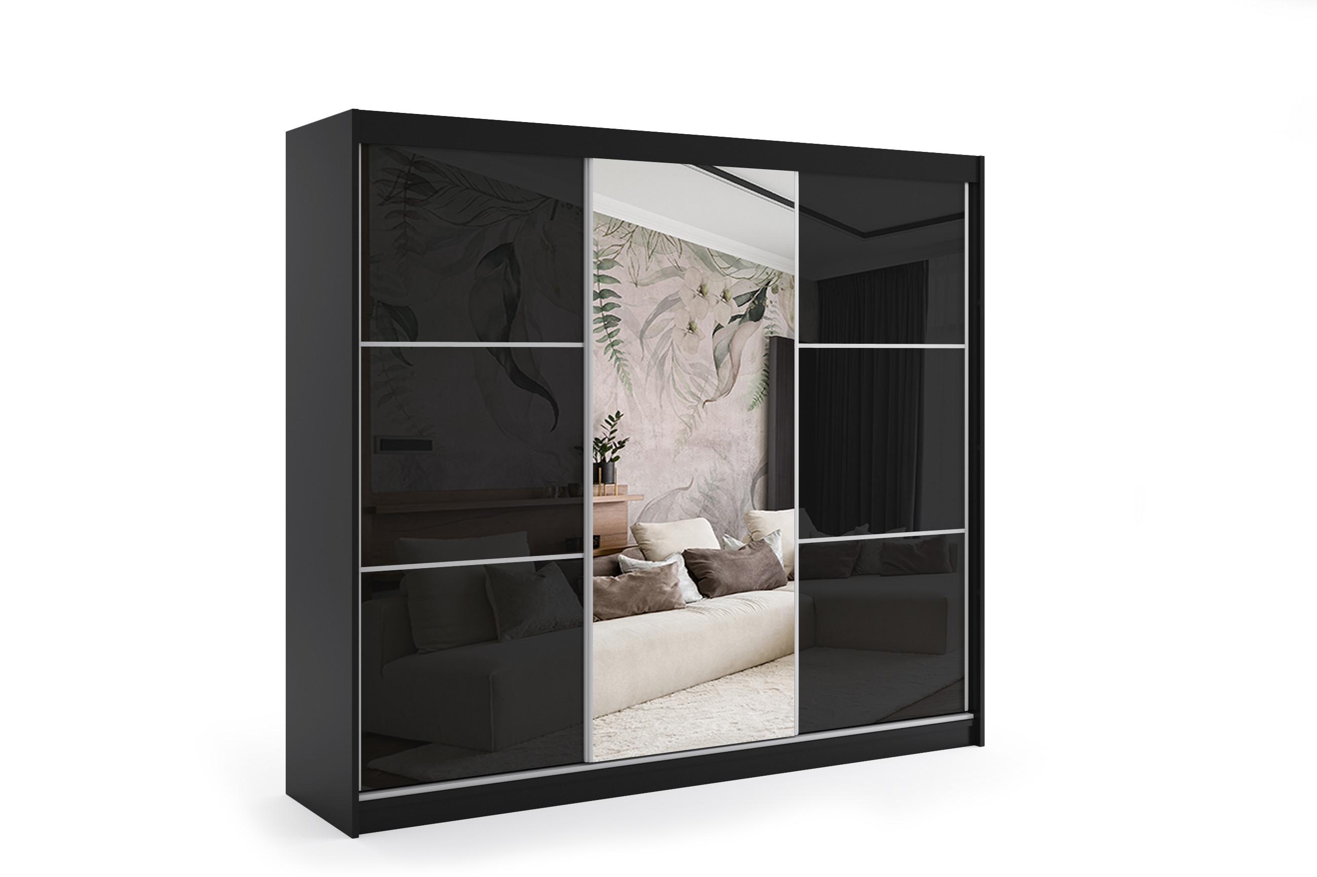 KLEIDERSCHRANK mit Spiegel-Schiebetüren und Aluminium-Leisten - VIVI - 240 cm Schwarz - Schwarz, Holzwerkstoff (240/216/61cm) - ALTDECOR