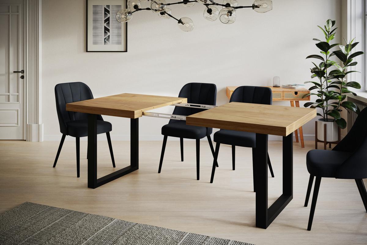 INDUSTRIELLER Esszimmertisch LOFT-U, ausziehbarer Tisch, Größe: 180-280X90X77 cm, Wohnzimmertisch Farbe: CRAFT, mit Metallbeinen in Farbe Schwarz - Schwarz/Braun, Holzwerkstoff (180/90/77cm) - Alpi-Möbel