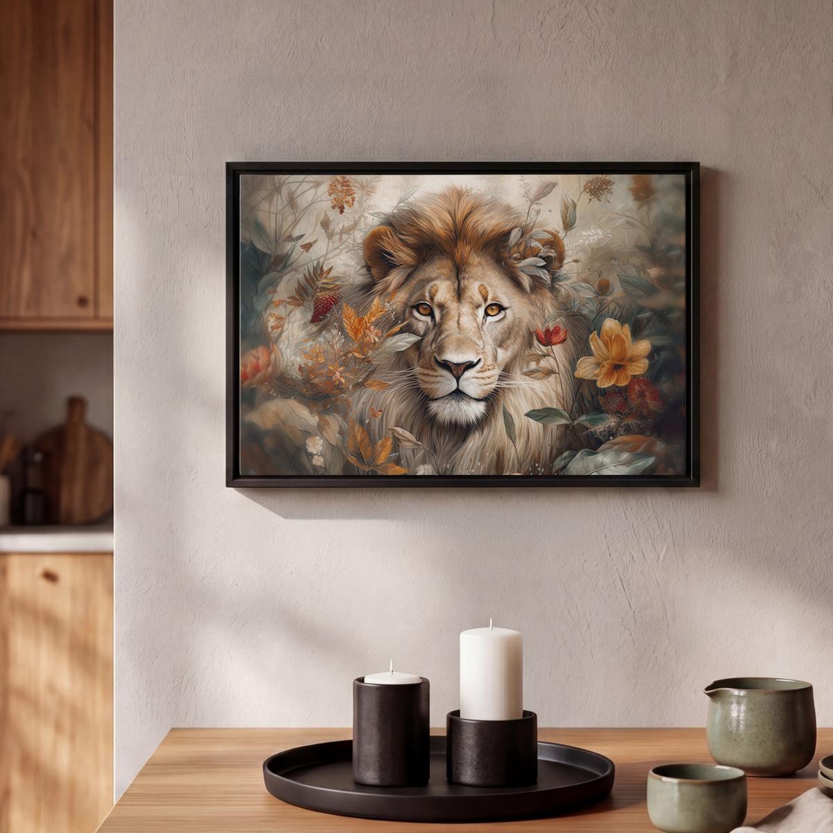 LEINWAND Bilder mit Rahmen - Löwe - Wildtiere - Pflanzen - Natur - Blumen - 30x20 - Beige, Textil (30/20cm) - MuchoWow