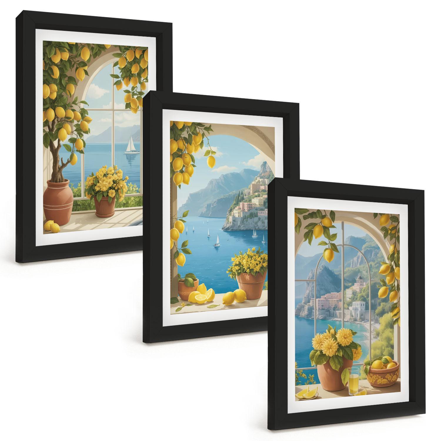 BILDER SET 3er Set - 20x30 cm Schwarzer Rahmen - Meereslandschaften, Zitronen, Fenster - Schwarz, Kunststoff (20/30cm) - TULUP