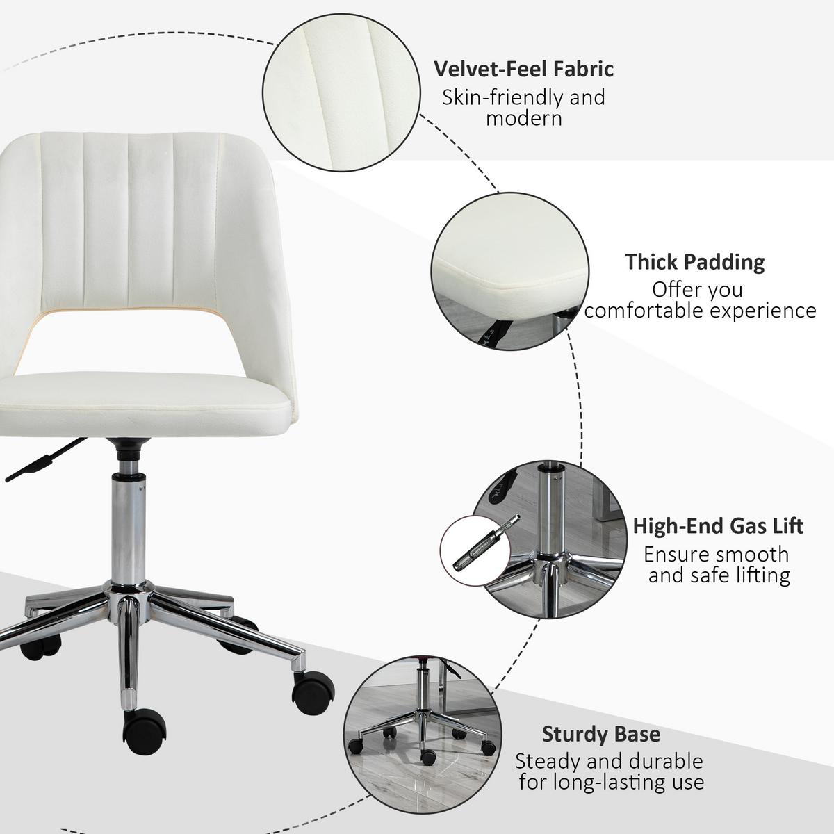 BÜROSTUHL Drehstuhl Jakobsmuschel-Form verstellbar Samtartiges Polyester - Chromfarben/Creme, Textil/Metall (60/91/49cm) - Vinsetto