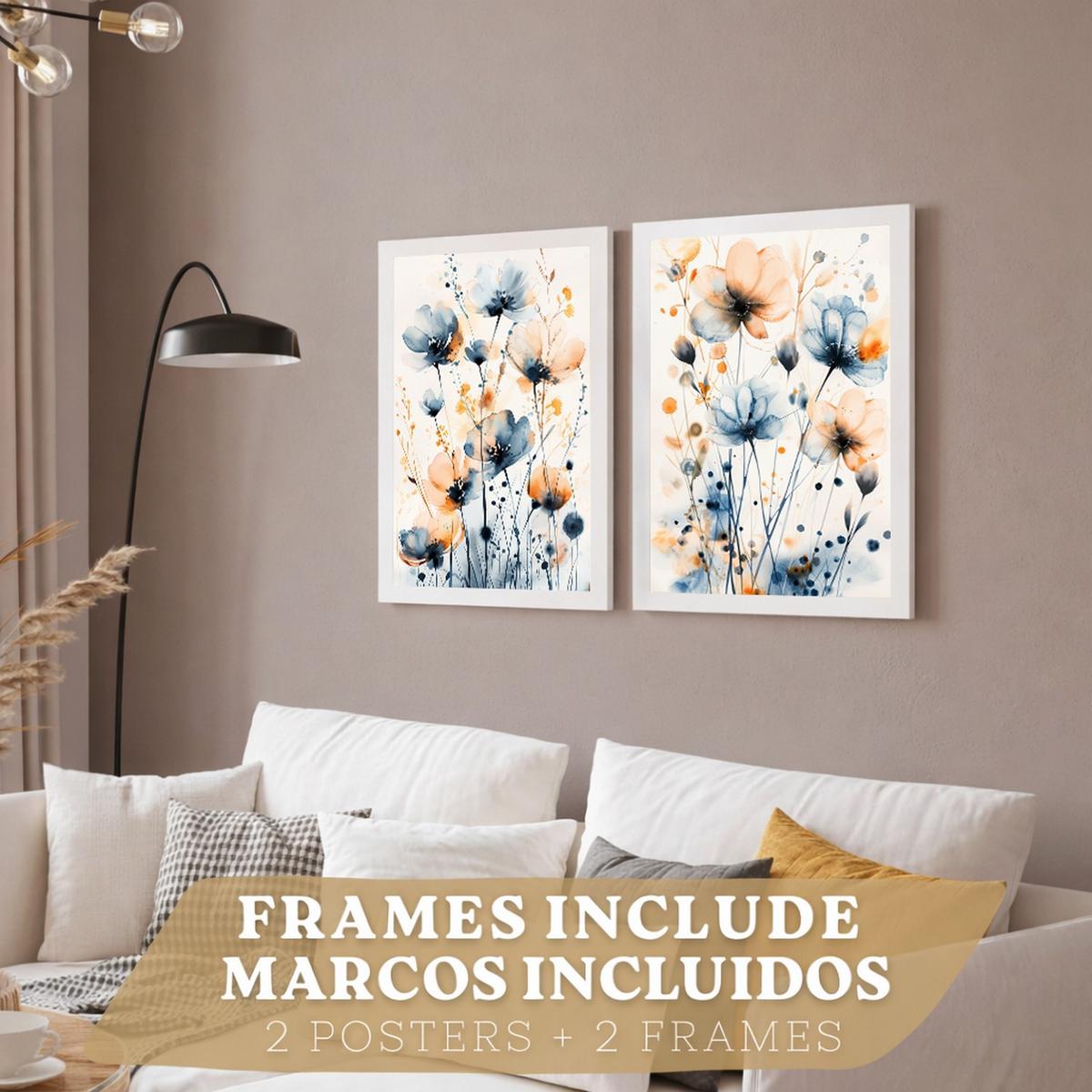 POSTER 2er-Set Wandbilder Blumen Blau Orange Boho modern Wohnzimmer Deko, Schlafzimmer, Küche, Badezimmer Rahmenlos A3 - Weiß, Papier (29.7/1/42cm) - Nacnic