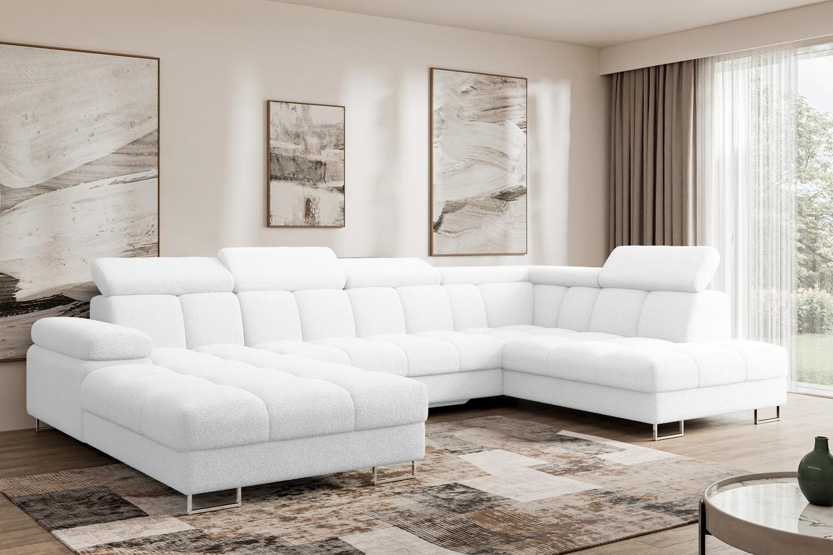 WOHNLANDSCHAFT mit Schlaffunktion und Bettkasten Ottomane RECHTS COMA U 345x203x79 Weiß Bouclé - Weiß, Holzwerkstoff/Textil (203/79/345cm) - ALTDECOR