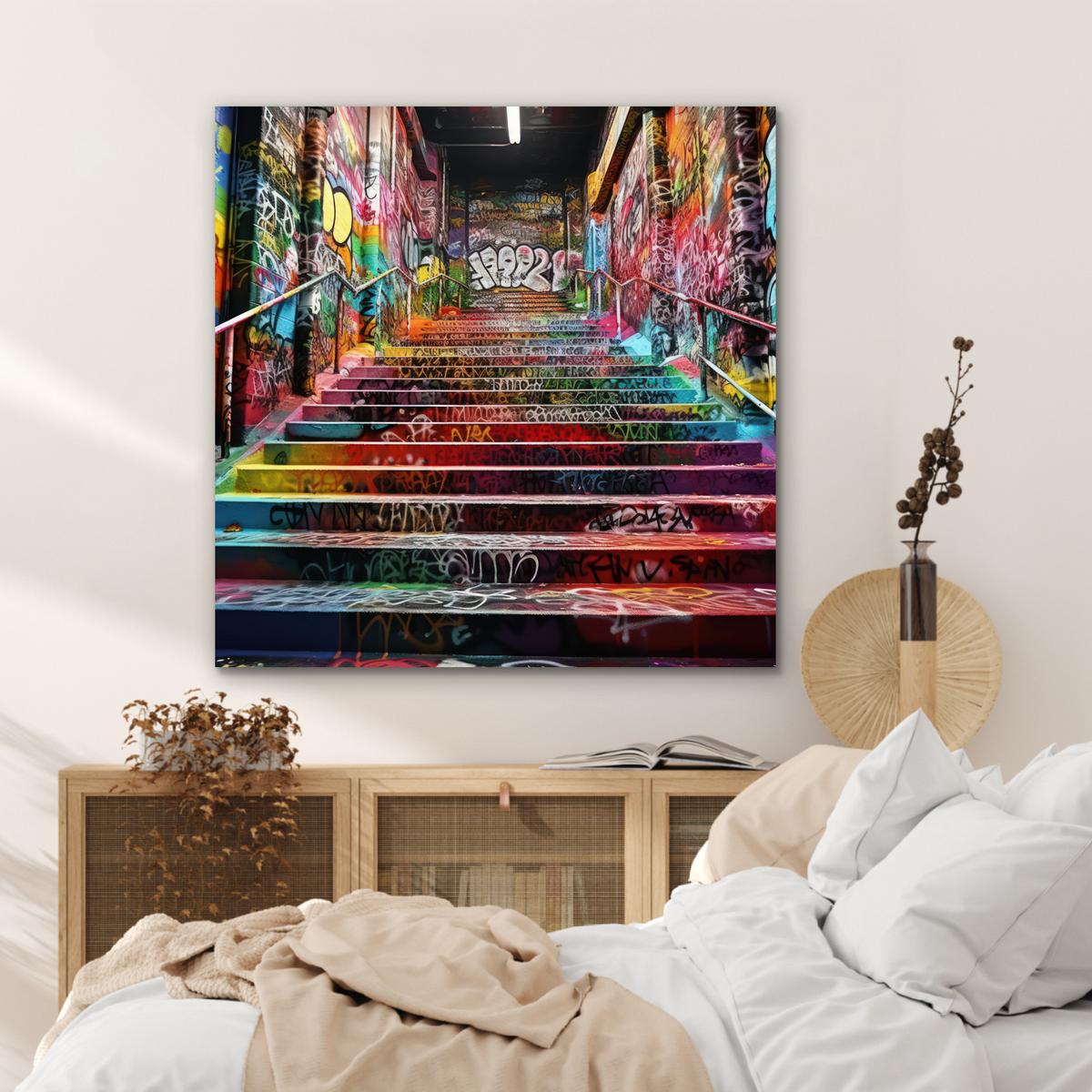 METALLBILD Treppe - Graffiti - Farben - Kunst 90x90 cm - Multicolor, Metall (90/90cm) - MuchoWow