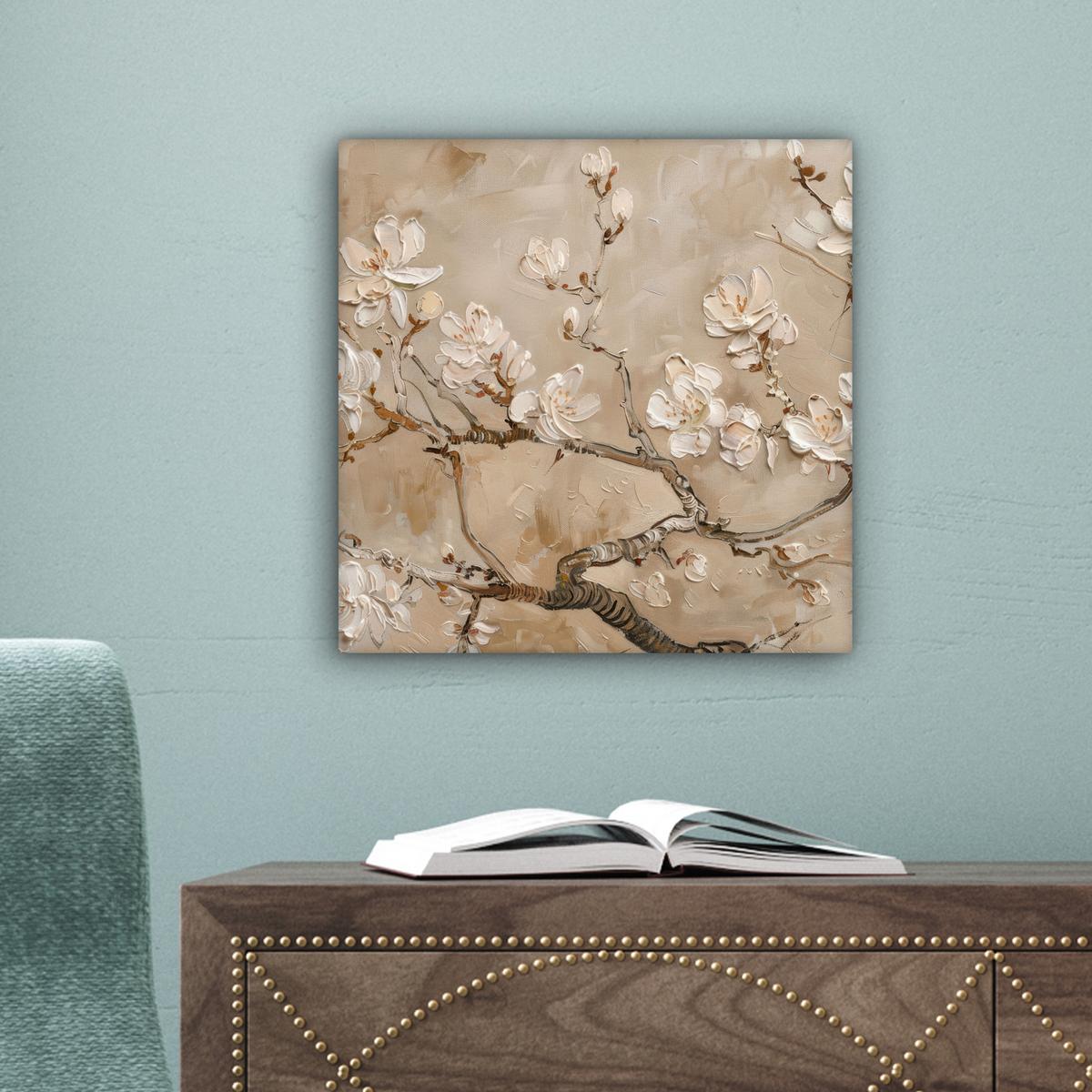 LEINWANDBILD Blumen - Modern - Beige - Weiß - Blüte Deko Wohnzimmer 20x20 cm - Beige, Textil (20/20cm) - MuchoWow