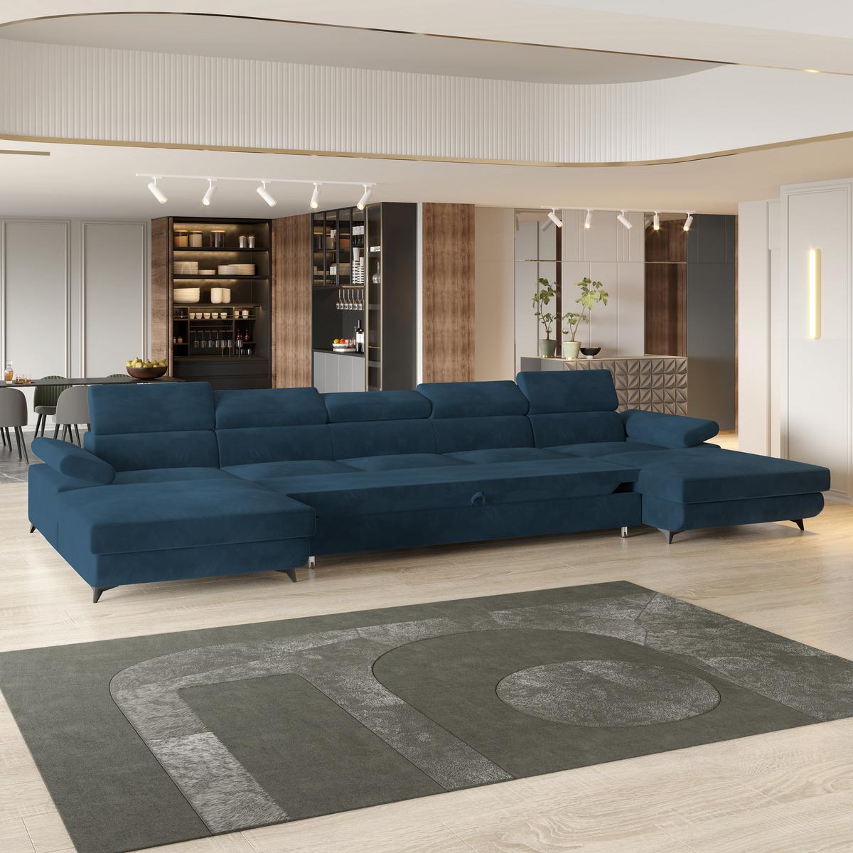 WOHNLANDSCHAFT VIVENTE Blau Velours-Stoff mit Schlaffunktion - Blau, Holz (410/89/190cm) - MASSENO