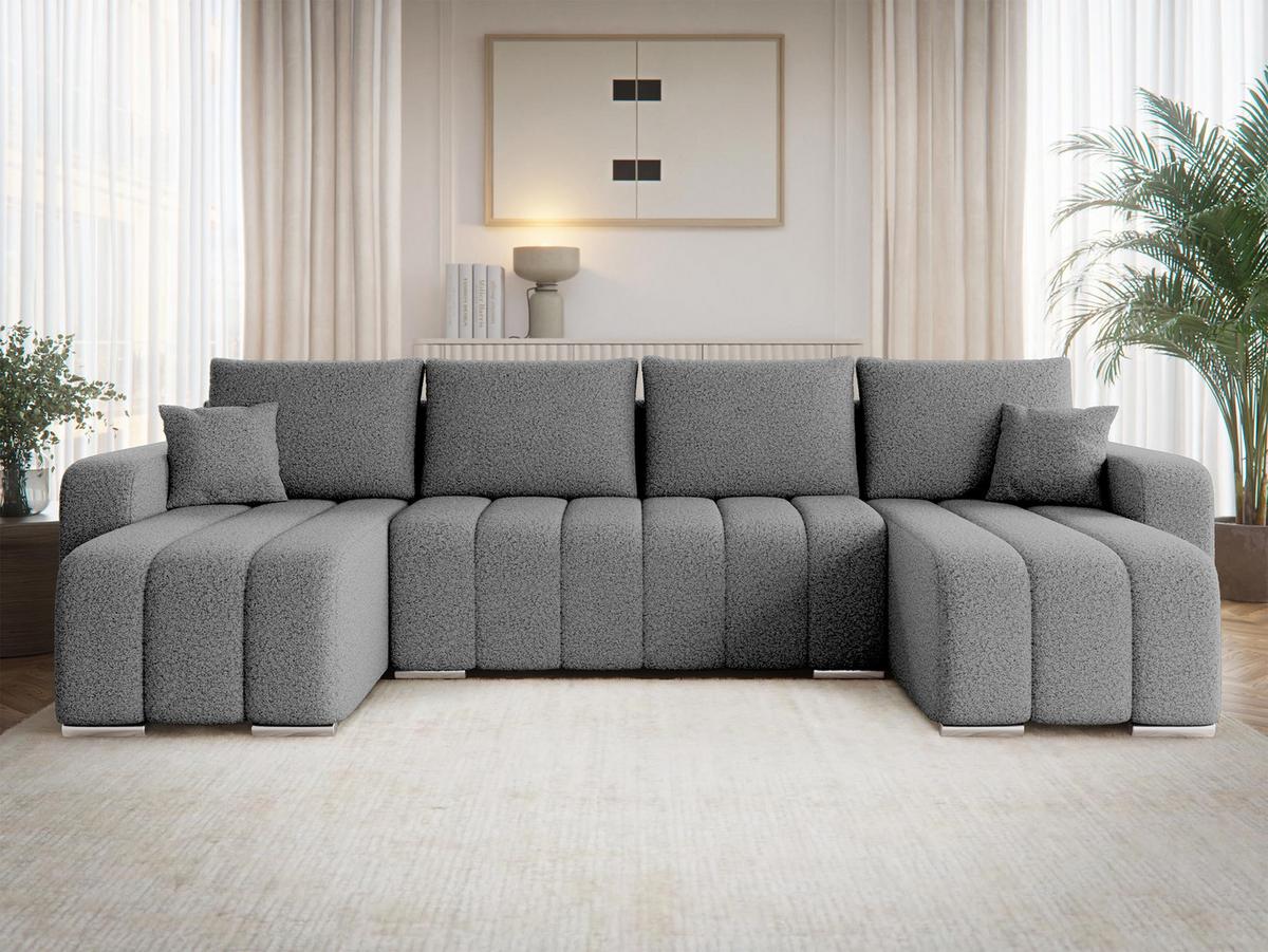 WOHNLANDSCHAFT Pufetto U Boucle - Silberfarben/Grau, Holz/Textil (313/86/147cm) - MIRJAN24