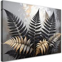 LEINWANDBILD, Schwarz-goldene Farnblätter auf beigem Hintergrund - Schwarz, Textil (90/60cm) - Feeby