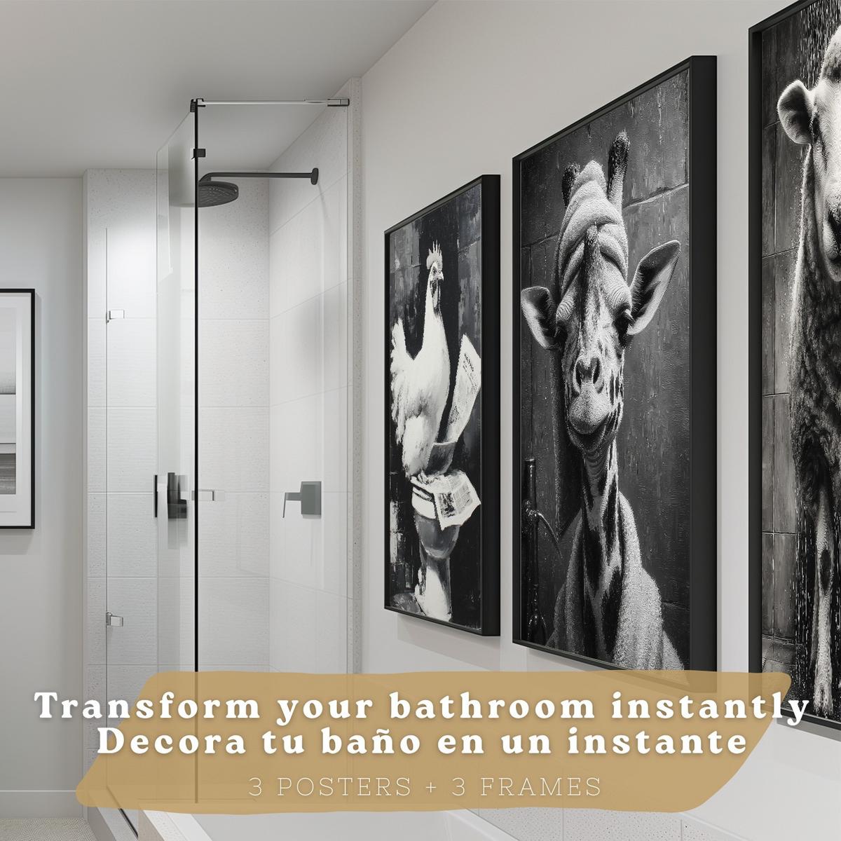 POSTER 3er-Set lustige Schwarz-Weiß-Drucke, Tiere im Badezimmer-Poster, witzige WC-Dekoration für Toilette, Vintage-Stil Schwarzer Rahmen A4 - Schwarz, Papier (29.7/21/3cm) - Nacnic