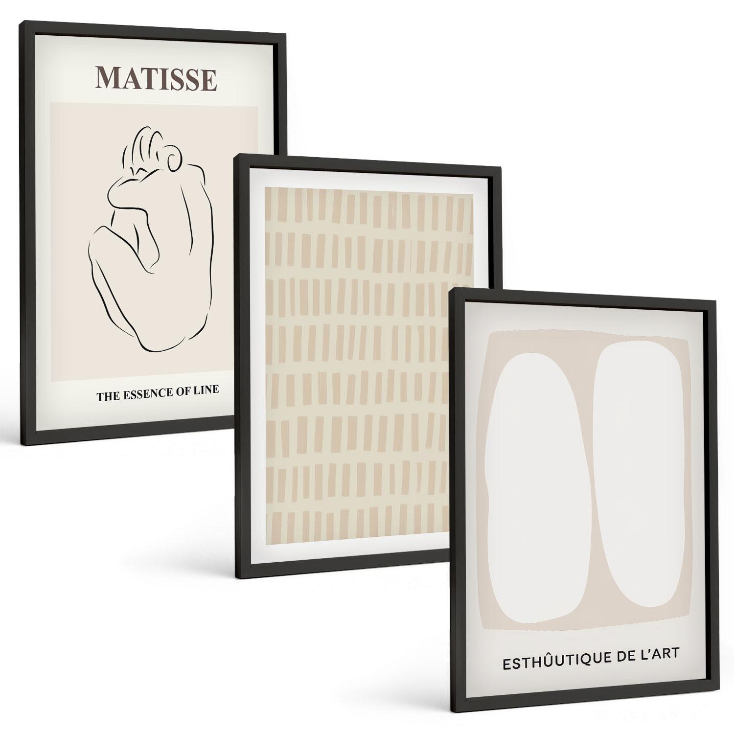 BILDER SET 3er Set - 40x60 cm Schwarzer Rahmen - Linien, Formen, Beige, Weiß - Schwarz, Kunststoff (40/60cm) - TULUP