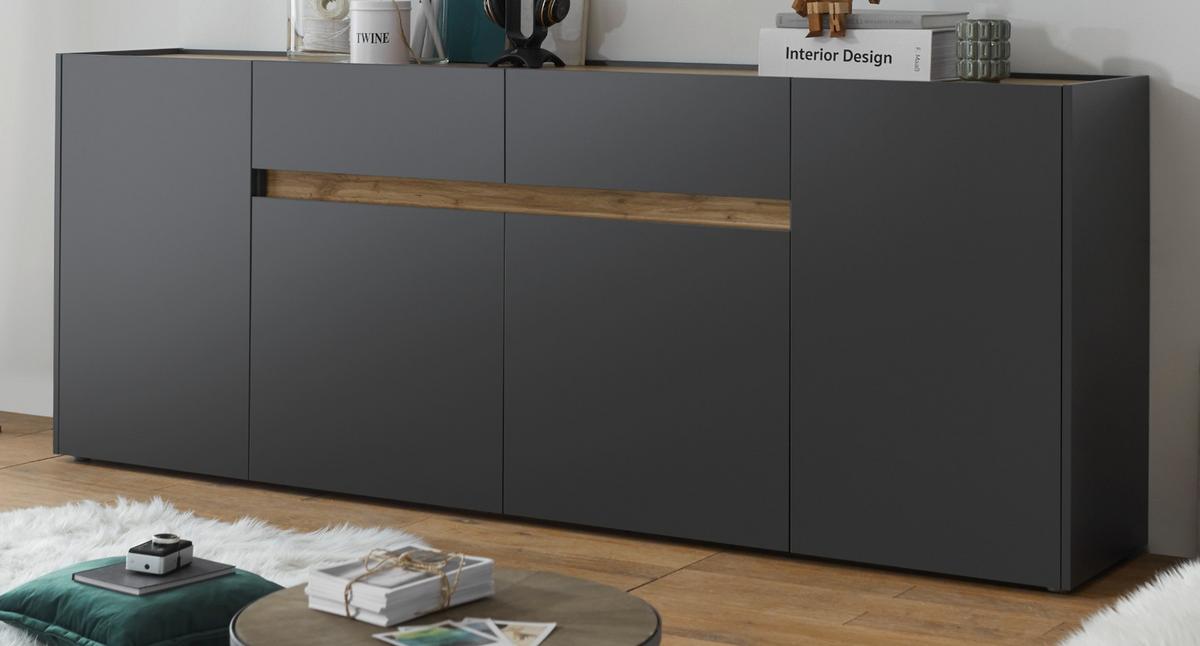 SIDEBOARD grau matt, Wotan Eiche, Kommode 220 x 87 cm mit 4 Türen und Schubladen - Anthrazit/Eiche Wotan, Holz/Holzwerkstoff (223/86/40cm) - Furn.Design