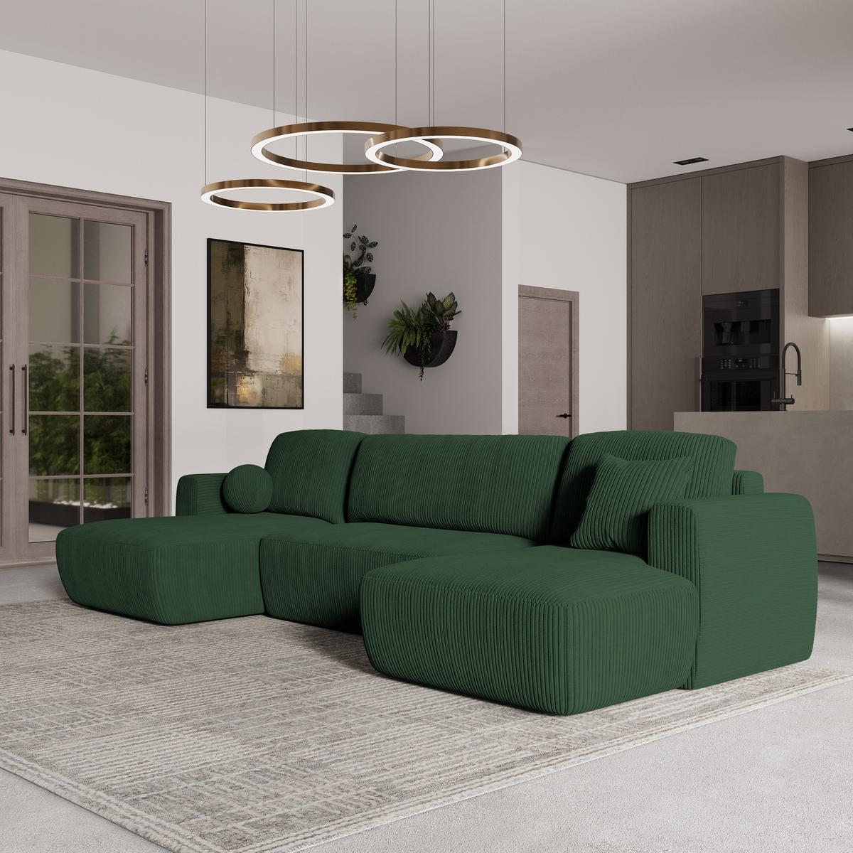 WOHNLANDSCHAFT SENTUM P Grün Kordstoff mit Schlaffunktion - Schwarz/Grün, Holz/Kunststoff (330/90/148cm) - MASSENO