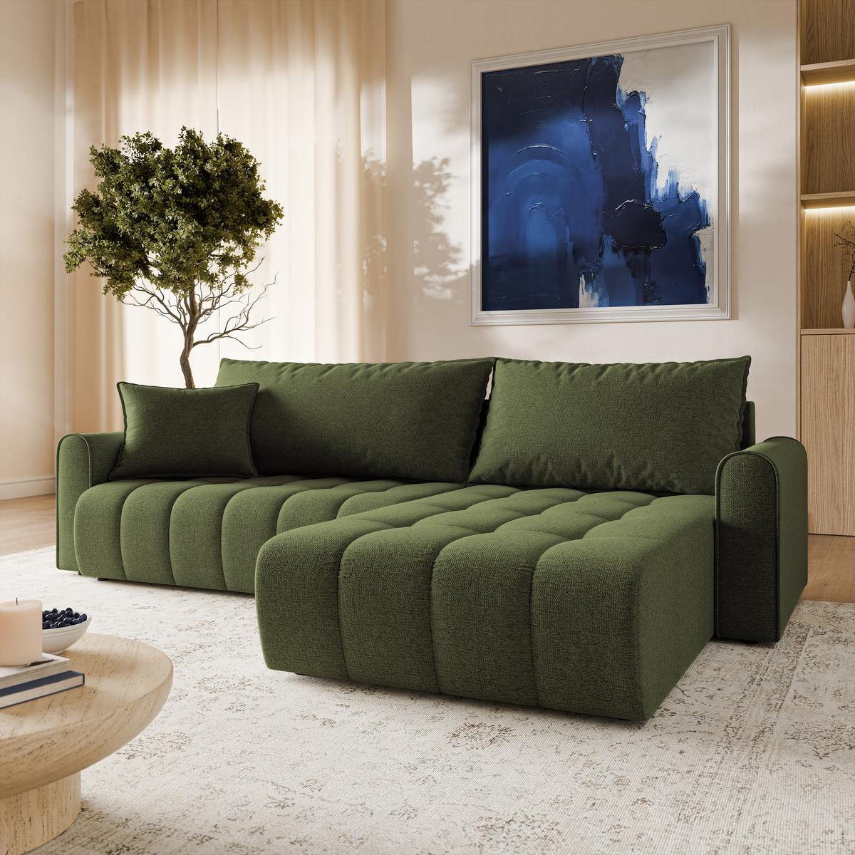 ECKSOFA FRIGA Olivgrün Strukturstoff mit Schlaffunktion - Olivgrün, Holz (283/185cm) - MASSENO