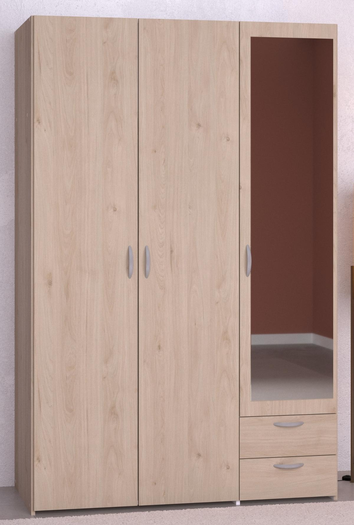 KLEIDERSCHRANK mit Spiegel Eiche 120 x 185 cm, Drehtürenschrank mit 3 Türen - Eichefarben/Silberfarben, Holzwerkstoff/Kunststoff (120/185/51cm) - Furn.Design