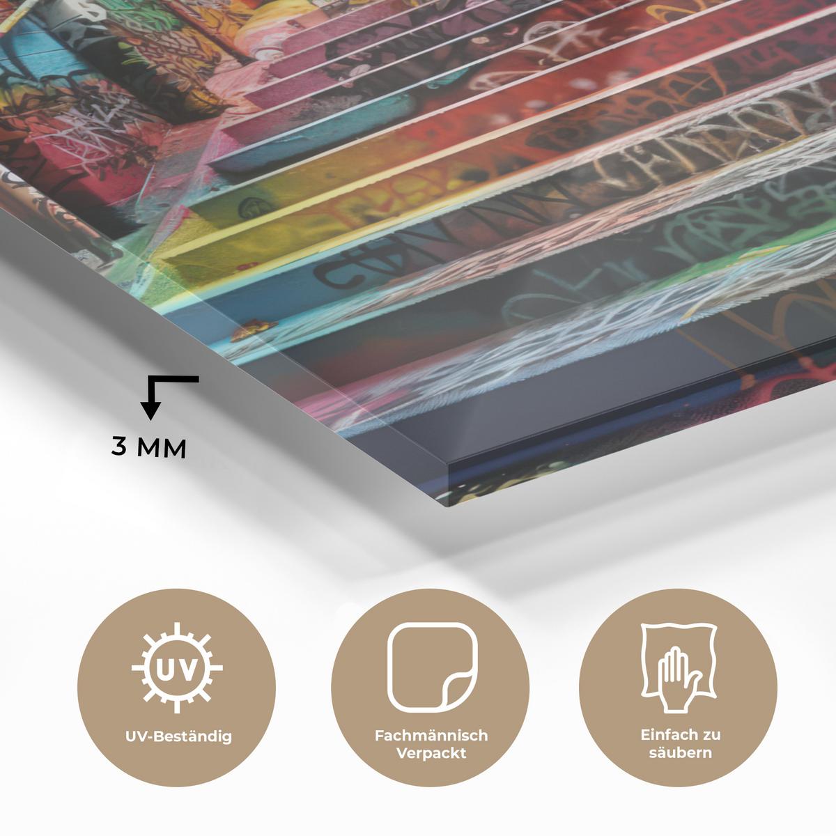 ACRYLGLASBILD Treppe - Graffiti - Farben - Kunst 50x50 cm - Multicolor, Glas (50/50cm) - MuchoWow