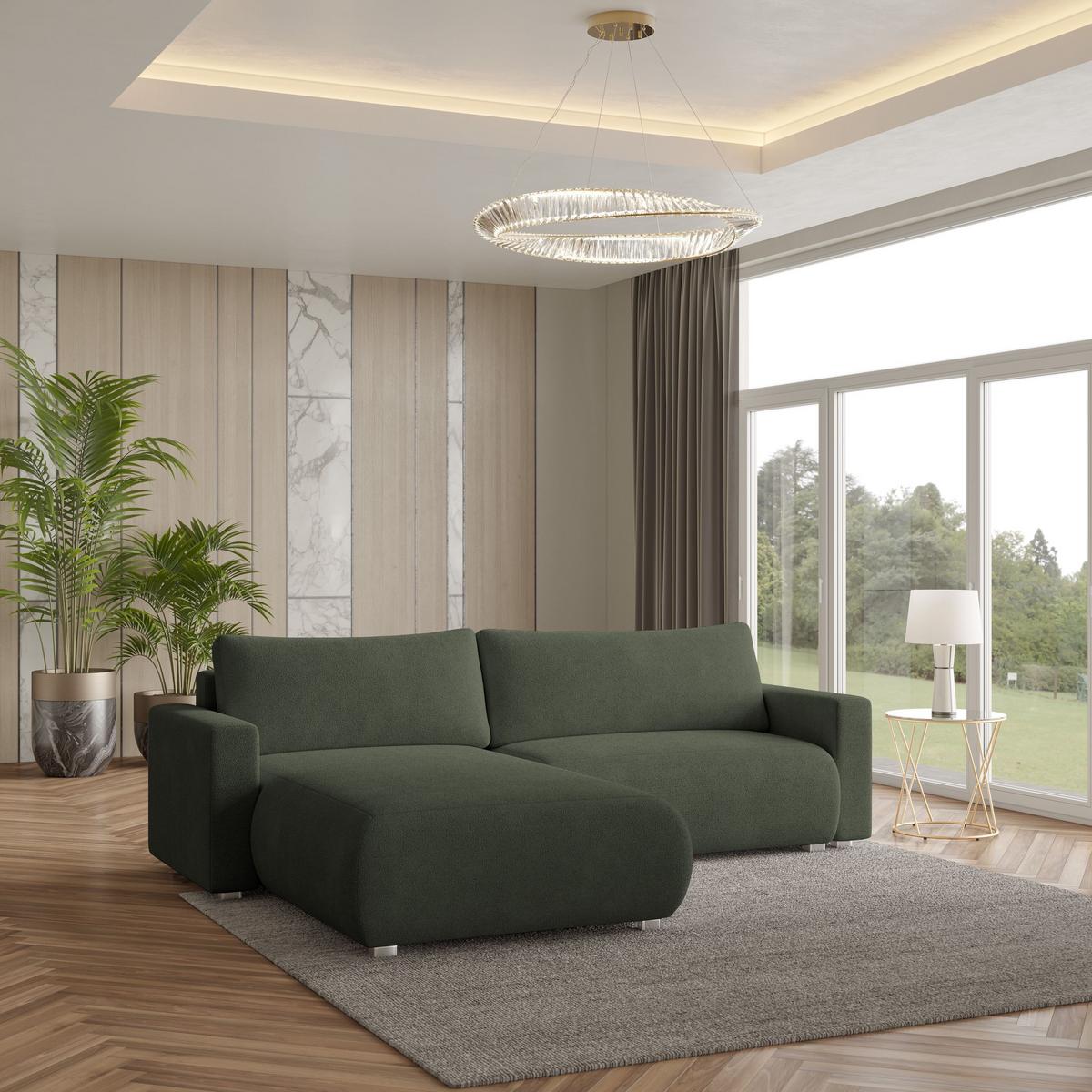 ECKSOFA TURIN N Grün Bucle-Stoff mit Schlaffunktion - Grau/Grün, Holz/Kunststoff (265/183cm) - MASSENO