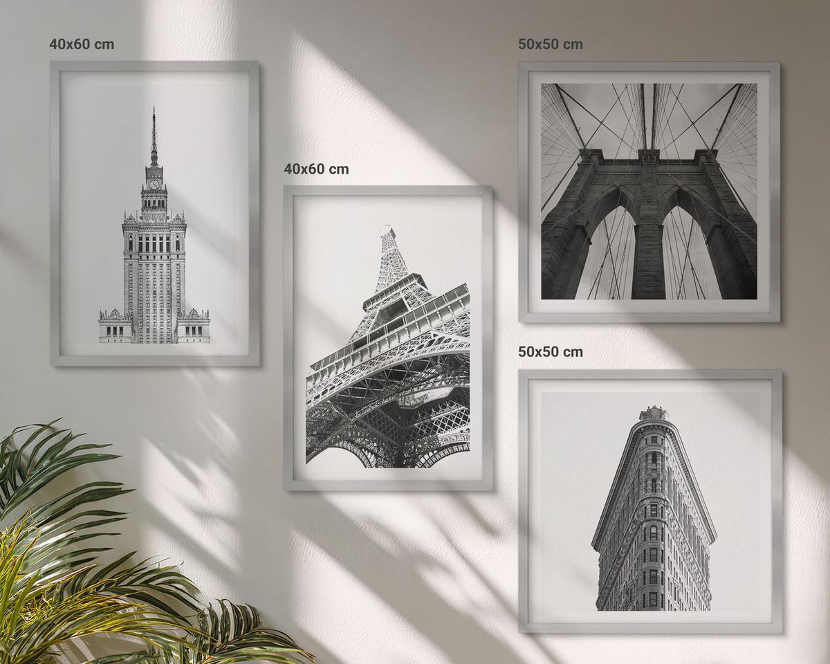 BILDER SET 4er Set - 50x50 cm & 40x60 cm Silberner Rahmen - Architektur Schwarz-Weiß-Minimalismus - Silberfarben, Kunststoff (50/50cm) - TULUP