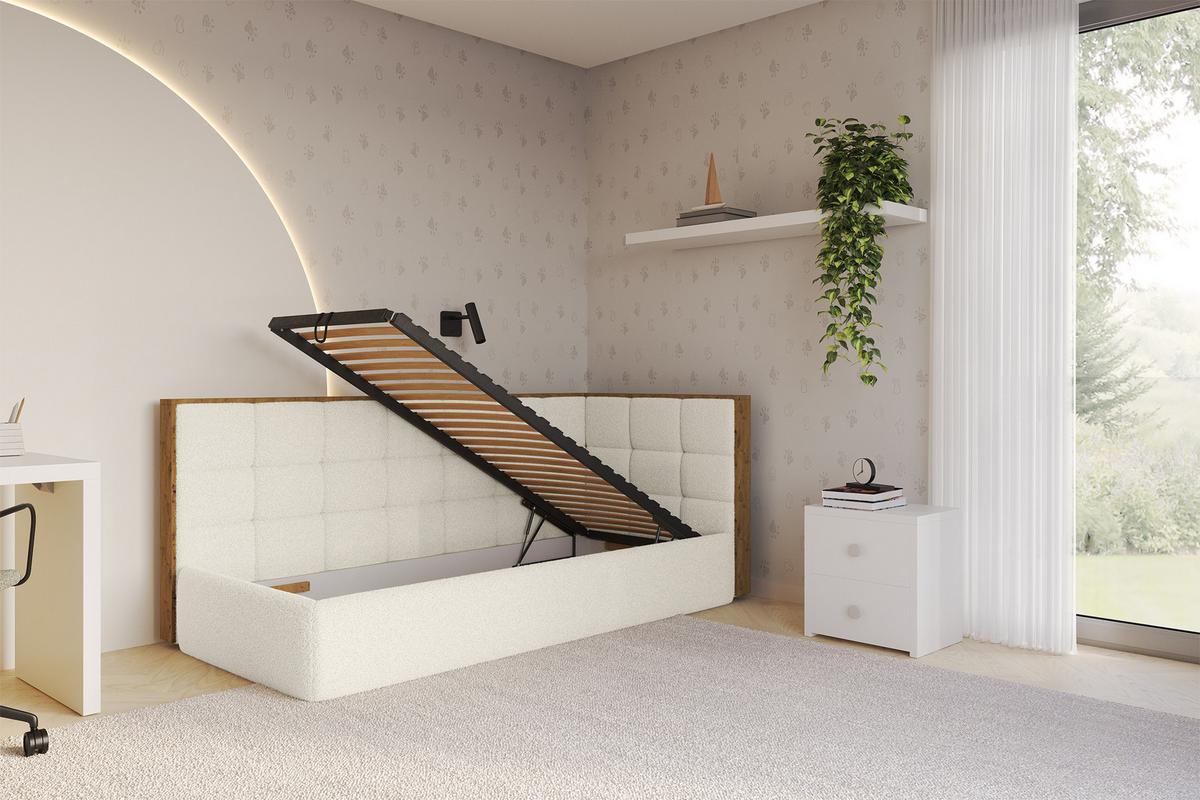EINZELLBETT Jugendbett mit Bettkasten und Matratze H3/H4, Links - SOVY 80x200 Beige - Champagner, Holzwerkstoff/Textil (80/200cm) - ALTDECOR