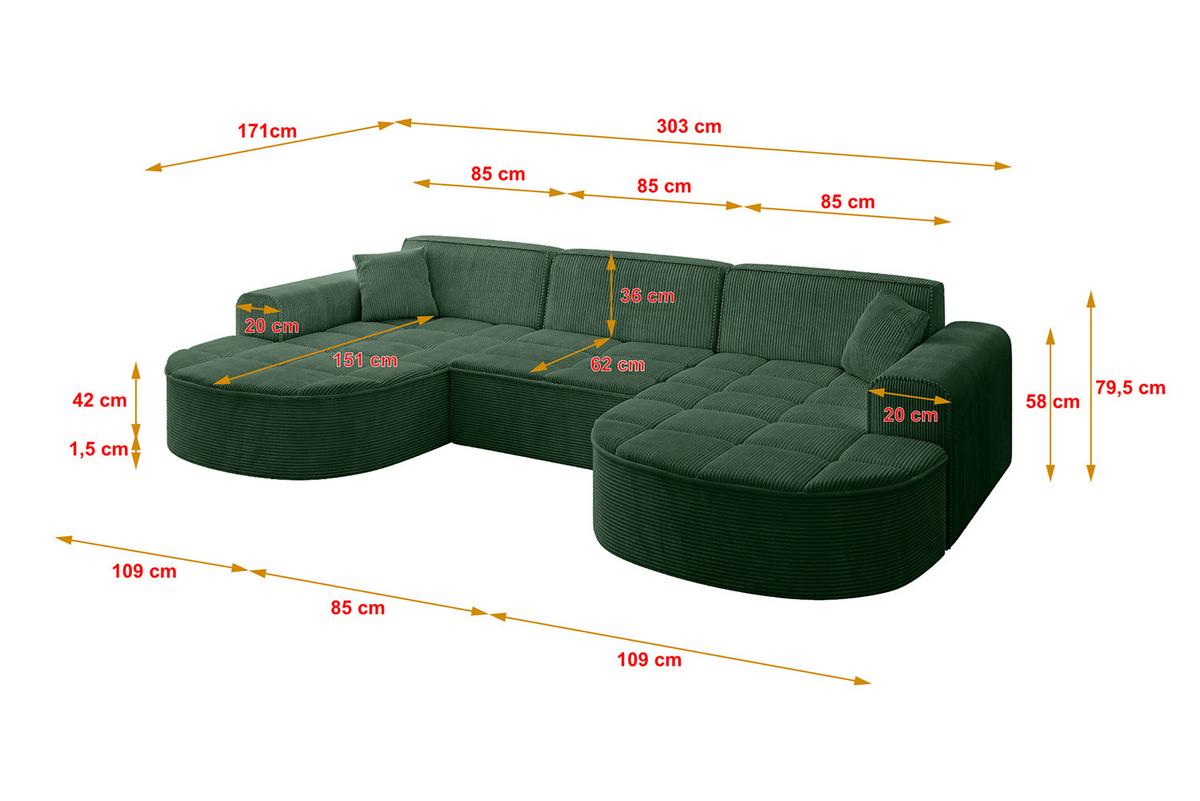 WOHNLANDSCHAFT TARO-U1 - 303x171x79,5 cm Grün - Grün, Holzwerkstoff/Textil (303/79.5/171cm) - ALTDECOR