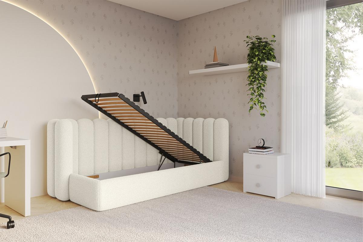 EINZELLBETT Jugendbett mit Bettkasten und Matratze H3/H4, Links - HUGY 100x200 Beige - Champagner, Holzwerkstoff/Textil (100/200cm) - ALTDECOR