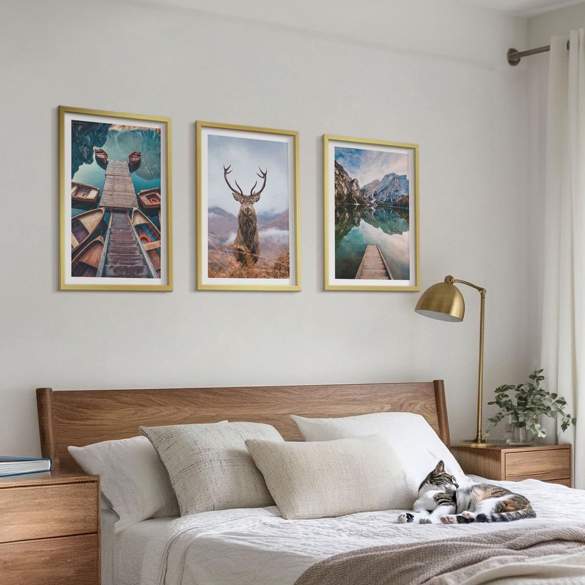 BILDER SET 3er Set - 40x60 cm Goldrahmen - Seeboote Hirsche Berge - Goldfarben, Kunststoff (40/60cm) - TULUP