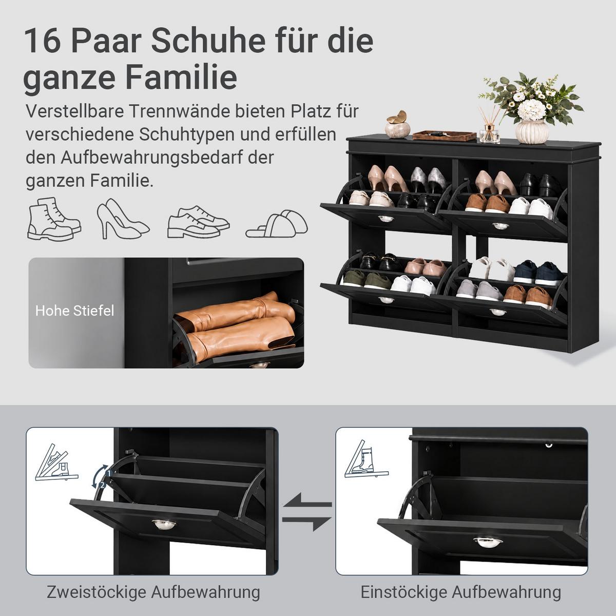 SCHUHSCHRANK schwarz, nur 24 cm tief, 4 Klappen für 16 Paar, für schmale Flure & hinter der Tür - Schwarz, Holzwerkstoff (105/82/24cm) - SoBuy