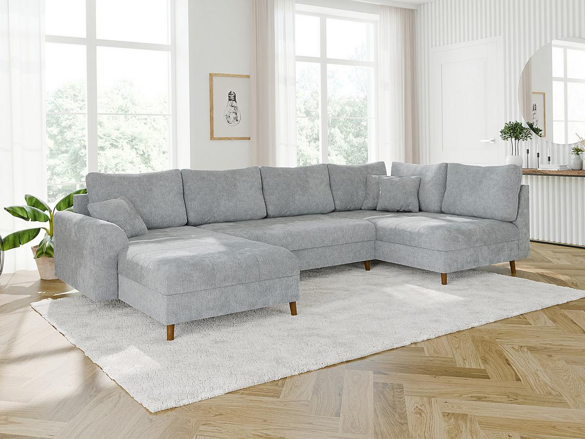 WOHNLANDSCHAFT inkl. Hocker Sigurd Hellgrau Chenille - Hellgrau/Braun, Holz/Textil (310/81/161cm) - S-Style