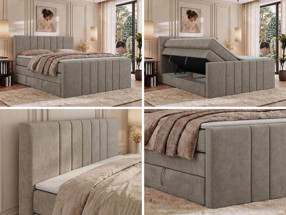 BOXSPRINGBETT INERO DUO KING 200/200 - Greige Stukture - Topper Visco - H4 - Greige/Schwarz, Kunststoff/Textil (200/200cm) - MKS