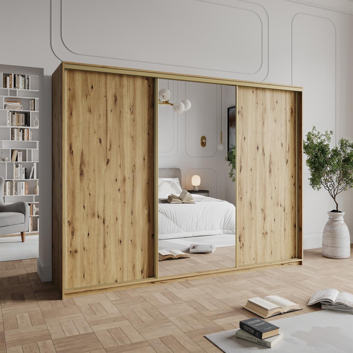 SCHWEBETÜRENSCHRANK TAVI 270/205/60 cm 3-türig mit Spiegel Eiche Artisan - Eiche Artisan, Holzwerkstoff (270/205/60cm) - MASSENO