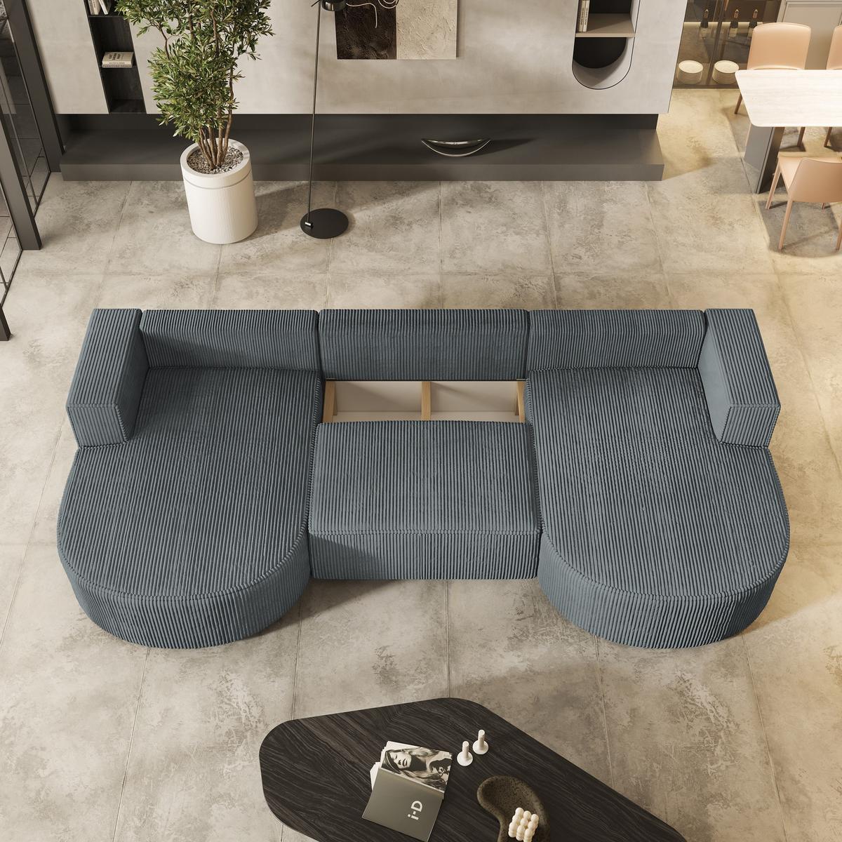 WOHNLANDSCHAFT VEZZO P Grau Kordstoff mit Schlaffunktion - Grau, Holz/Kunststoff (347/85/174cm) - MASSENO