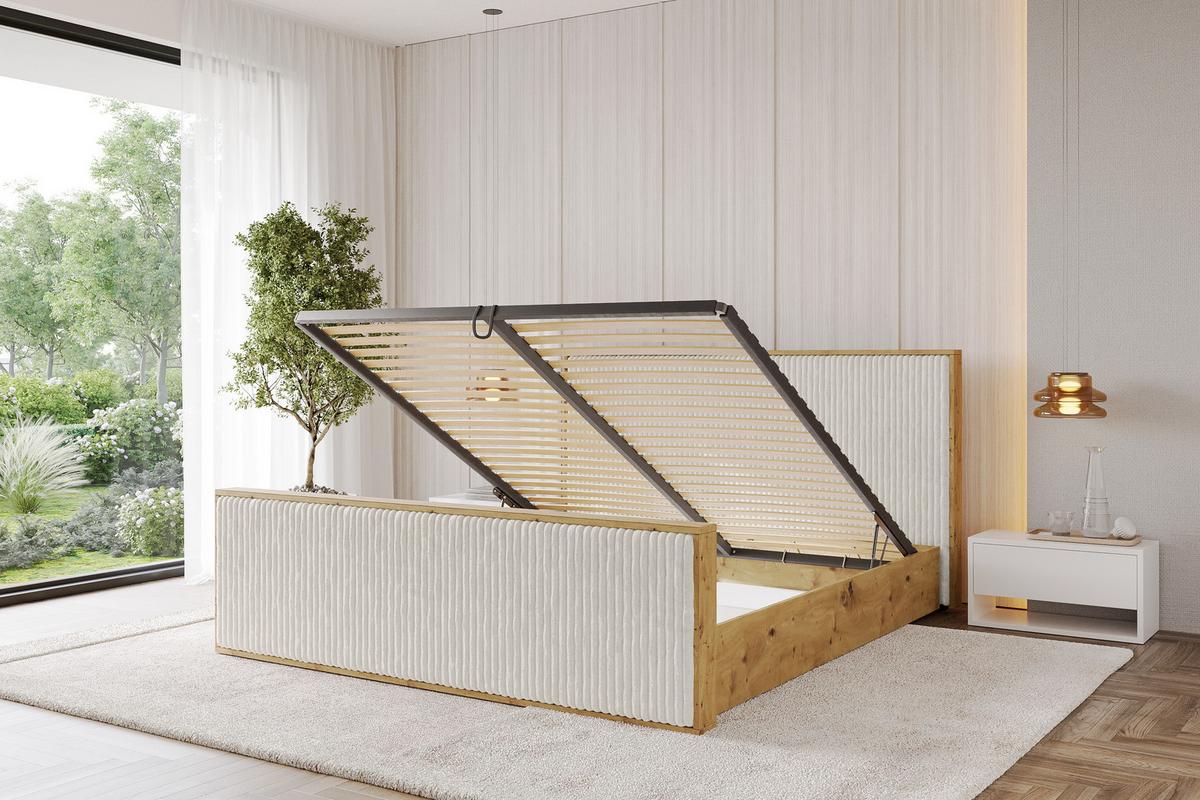 POLSTERBETT mit Bettkasten und Lattenrost, Boxbett mit Stauraum und Kopftei mit Matratze H3/H4 - ENZO10 160x200 Creme - Creme, Holzwerkstoff/Textil (160/200cm) - ALTDECOR