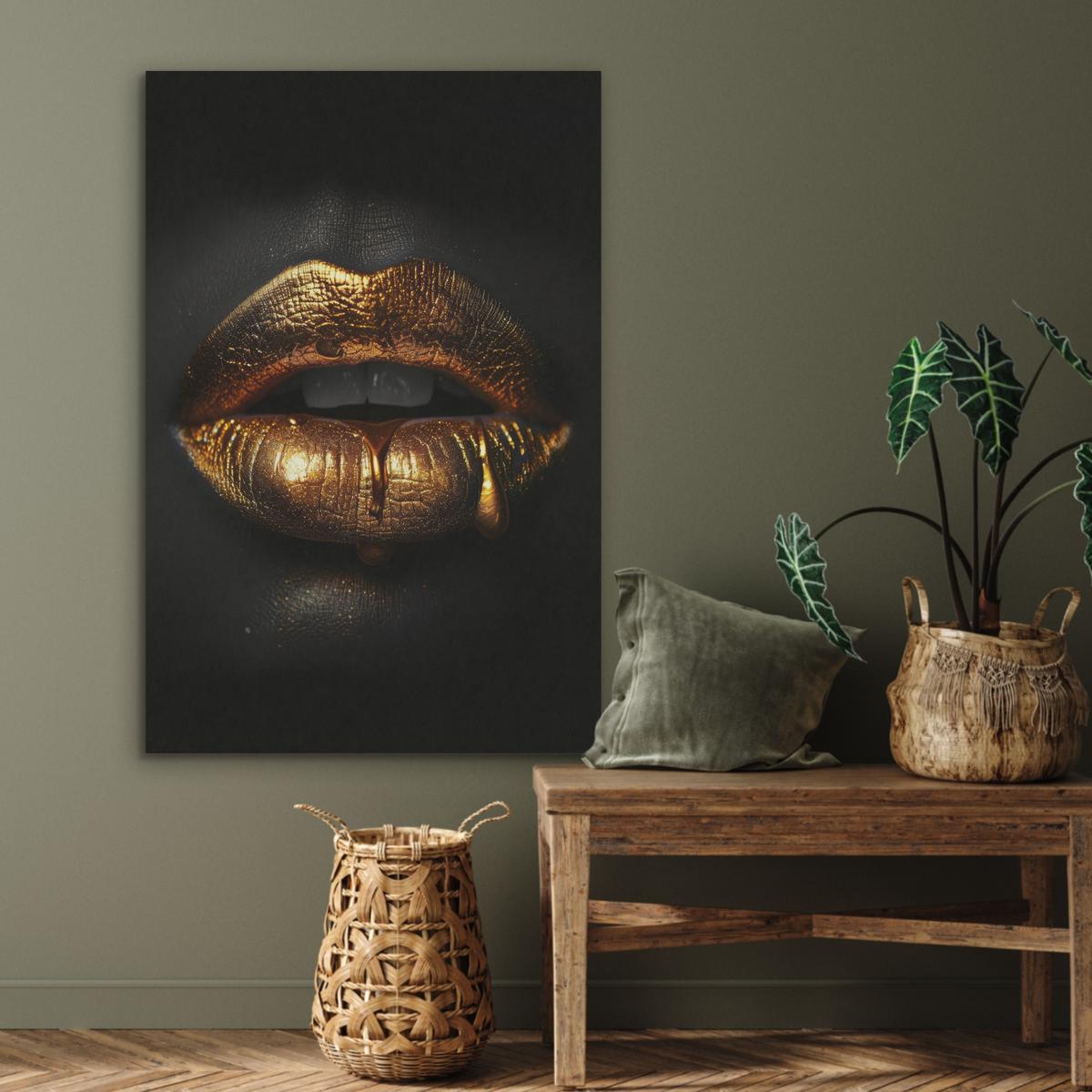 AKUSTIKBILD Frau - Porträt - Lippen - Gold - Schwarz Wanddeko 70x100 cm - Schwarz, Kunststoff (70/100/0.9cm) - MuchoWow