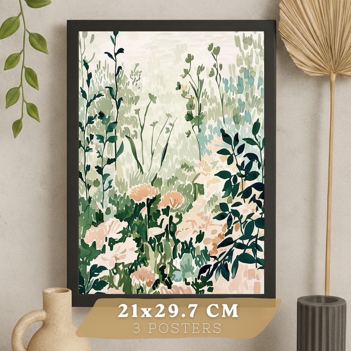 POSTER 3er-Set Wandbilder Floral Landschaft modern Wohnzimmer Deko, Schlafzimmer, Küche, Badezimmer Schwarzer Rahmen A3 - Schwarz, Papier (29.7/1/42cm) - Nacnic