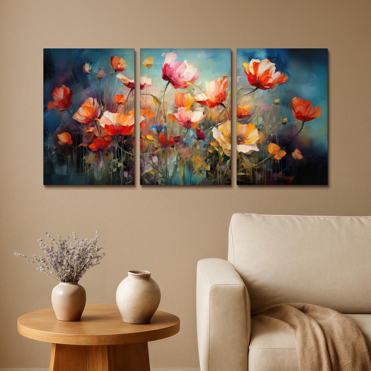 LEINWANDBILD 3er Set Blumen - Bunt - Abstrakt 120x60 cm - Blaugrau, Textil (120/60cm) - MuchoWow