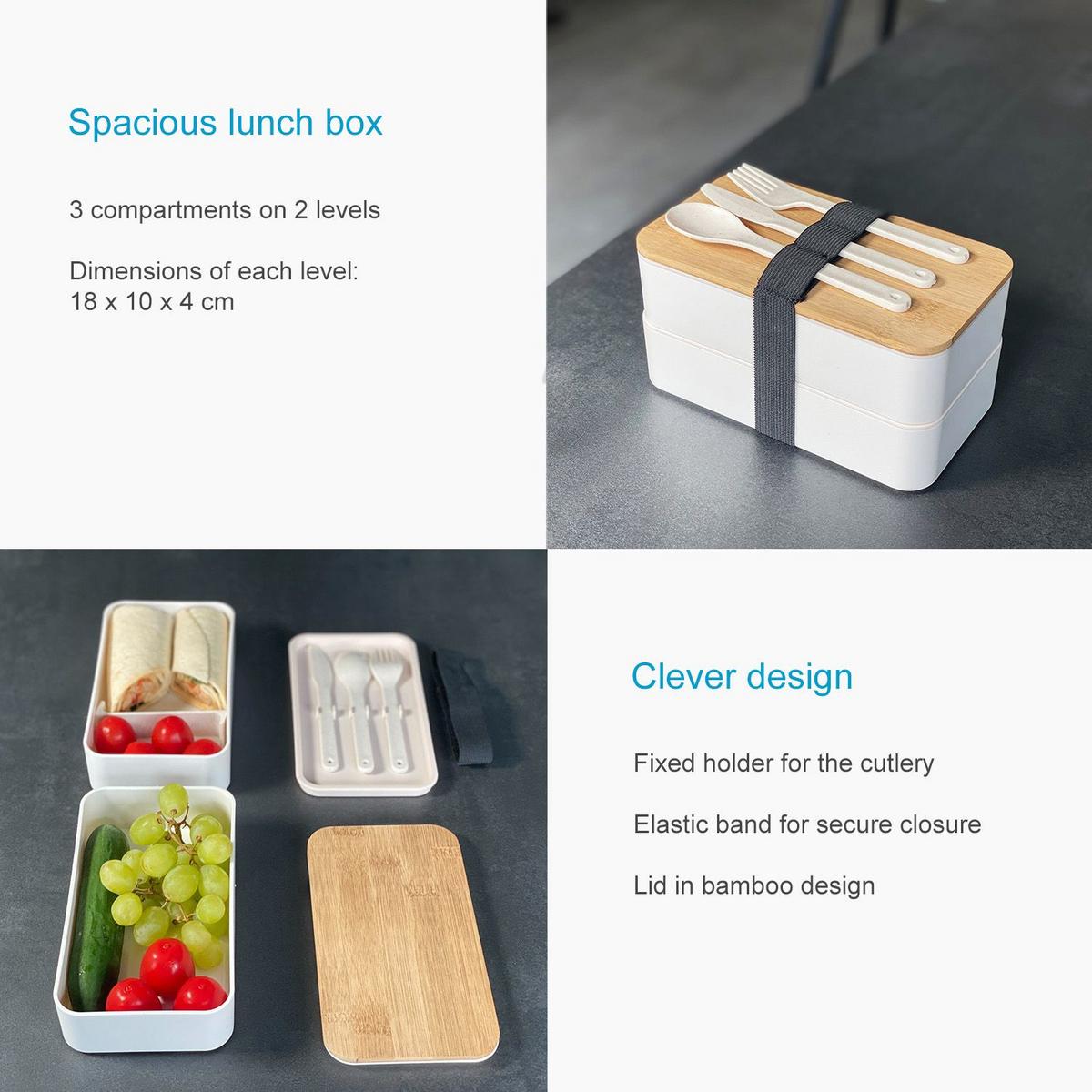 LUNCH BROTBOX mit Messer Gabel Löffel - Weiß, Naturmaterialen (10.5/9.3/18.5cm) - Intirilife