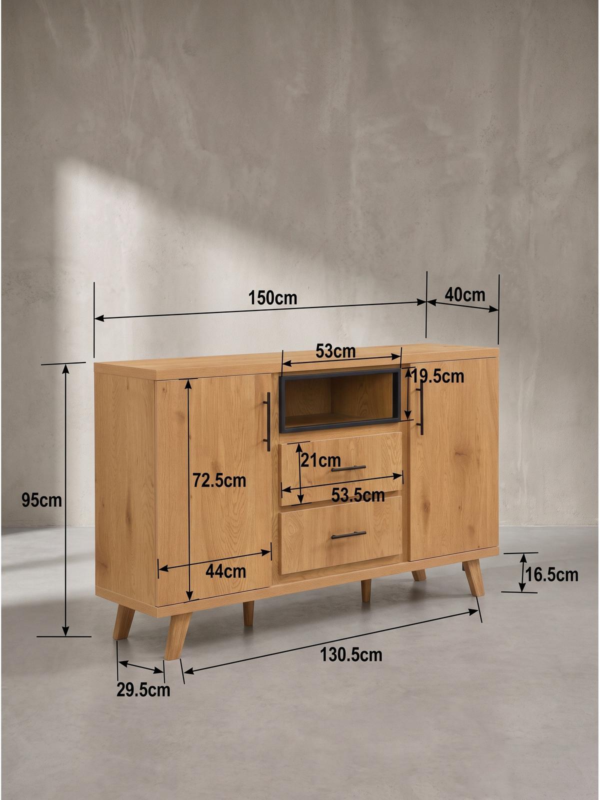 SIDEBOARD BASSANO, MDF, in Eichenoptik, mit Stauraum, 150 x 40 x 95 cm - Hellbraun/Braun, Eichenholz/Holzwerkstoff (150/95/40cm) - KADIMA DESIGN
