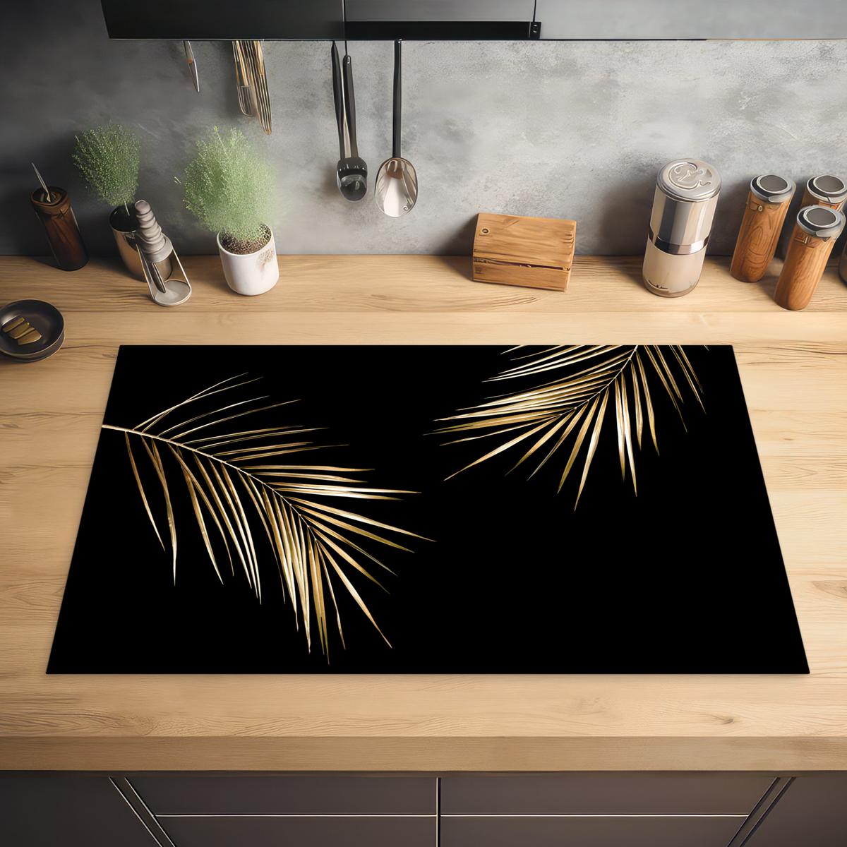 HERDABDECKPLATTE Blätter - Pflanzen - Gold - Schwarz - Luxus Ceranfeldabdeckung 85x52 cm - Goldfarben, Kunststoff (85/52/0.2cm) - MuchoWow