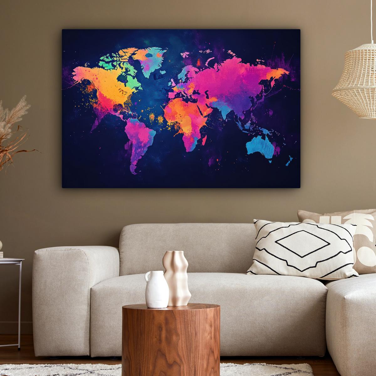 LEINWANDBILD Weltkarte - Bunt - Graffiti Groß 140x90 cm - Multicolor, Textil (140/90cm) - MuchoWow