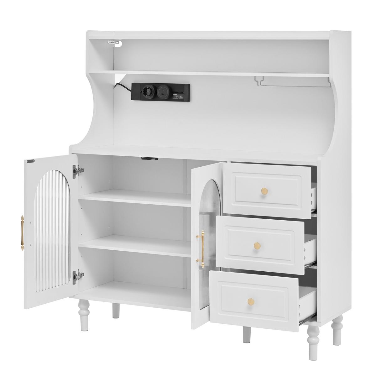 BUFFETSCHRANK mdf in weiß mit riffelglas, ladestation & weinglashalter - Weiß, Holzwerkstoff (120/138.5/40cm) - Urban Meuble