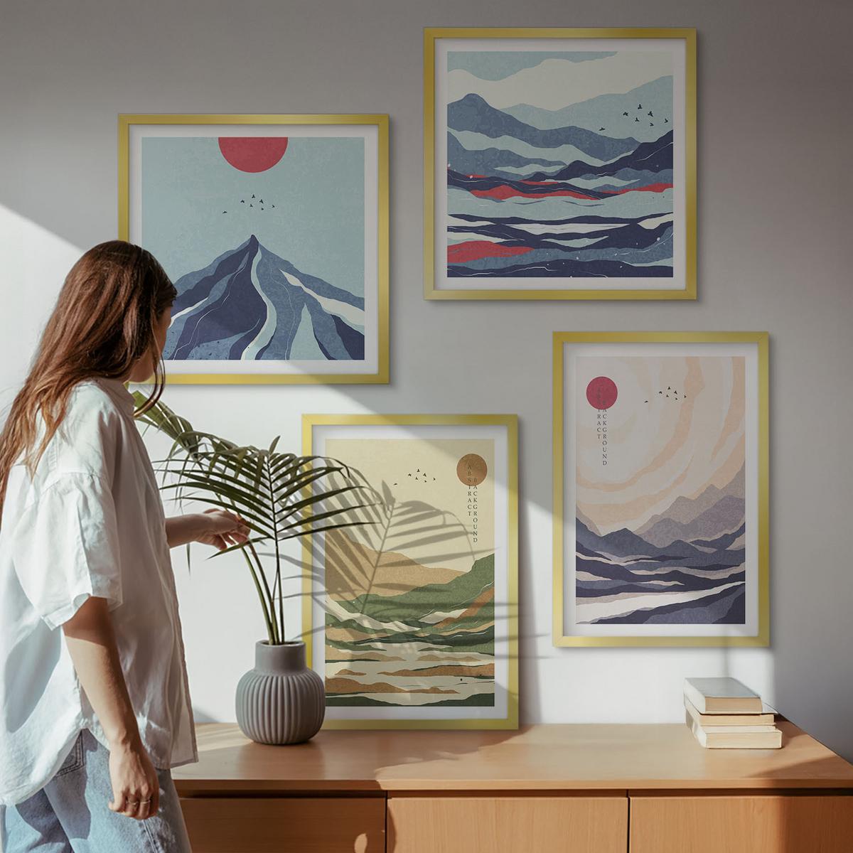 BILDER SET 4er Set - 50x50 cm & 40x60 cm Goldrahmen - Pastellfarbene Berge im Japandi-Stil - Goldfarben, Kunststoff (50/50cm) - TULUP